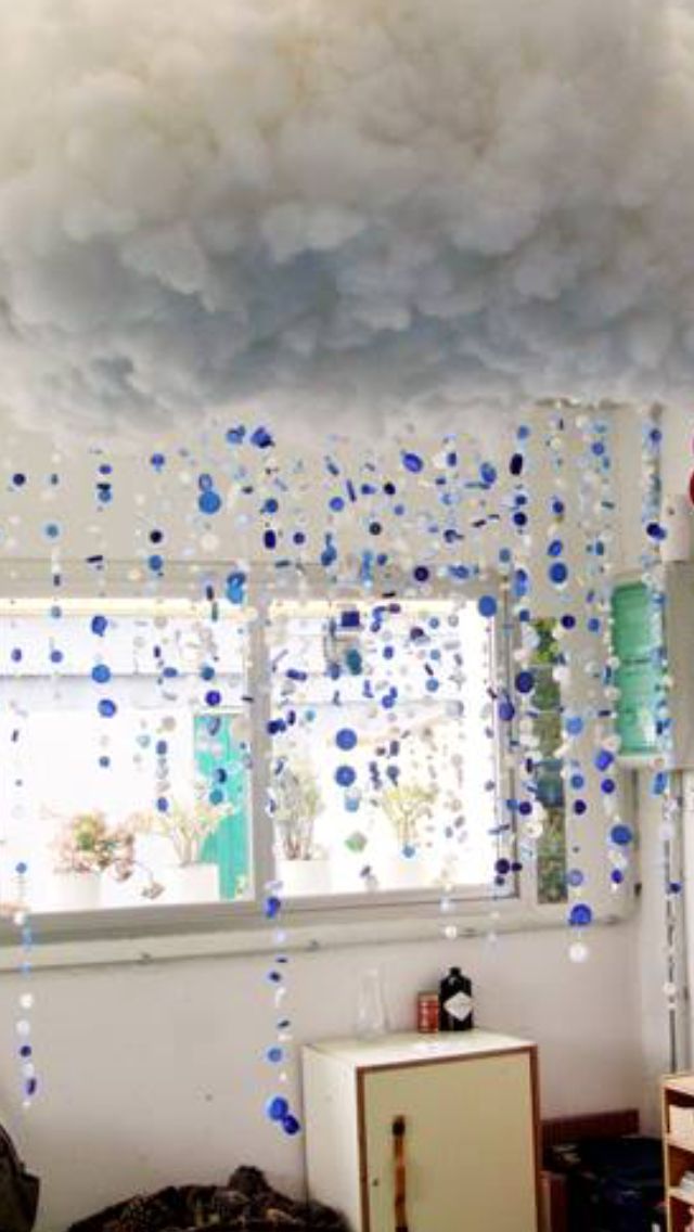 the ceiling is covered in blue and white confetti