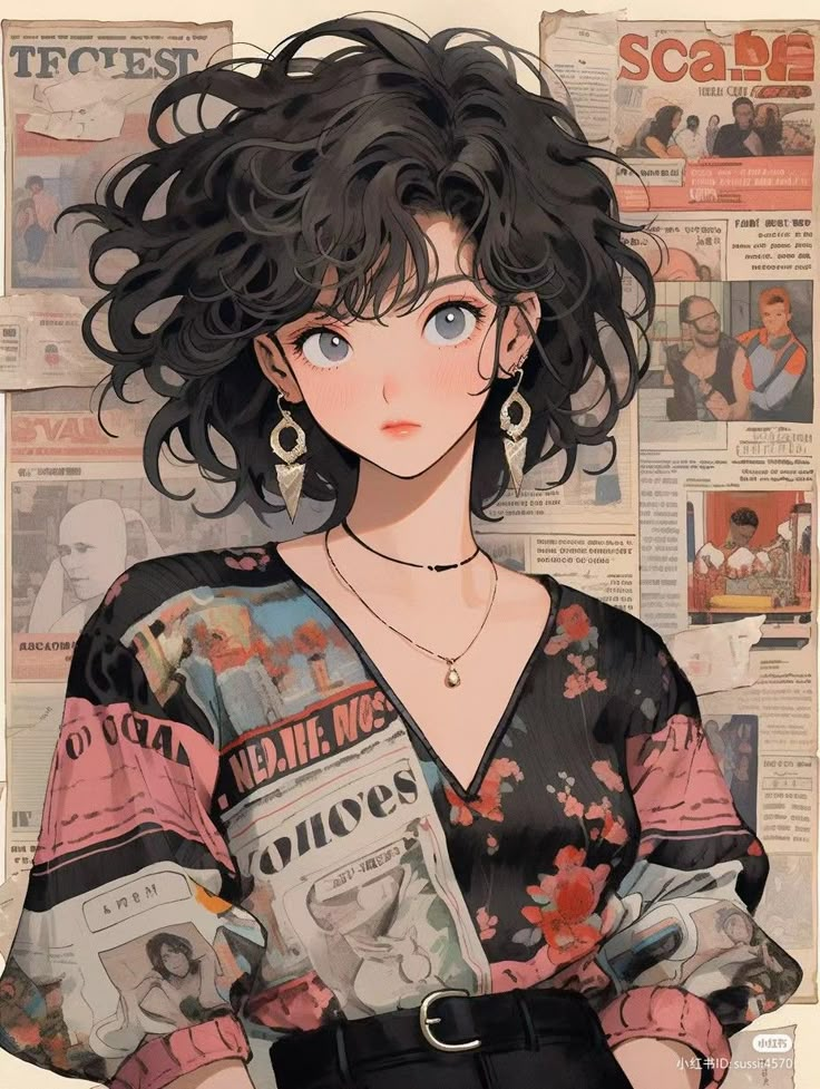 an anime character with black hair and blue eyes, standing in front of newspaper pages