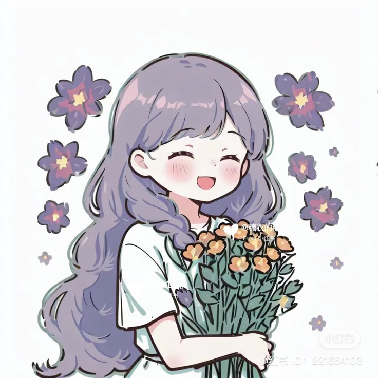 a drawing of a girl holding flowers in her hands and smiling at the camera, with long purple hair