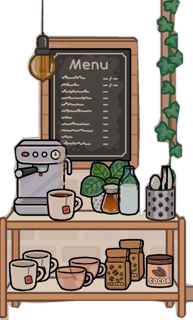 an illustration of a coffee bar with menu on the chalkboard behind it and cups, mugs, saucers, and other items