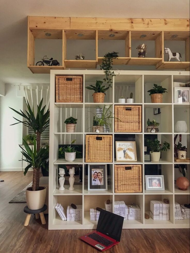 a book shelf filled with lots of books and plants next to a laptop on top of a hard wood floor