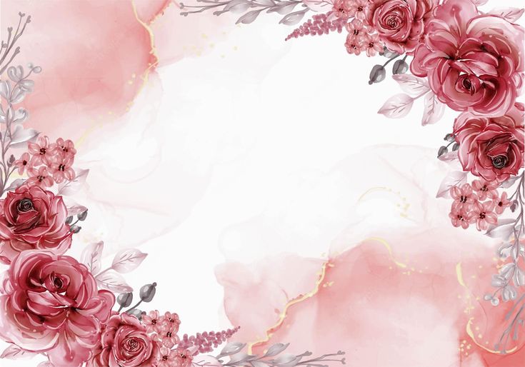 a pink watercolor background with flowers and leaves in the center, along with an empty space for text