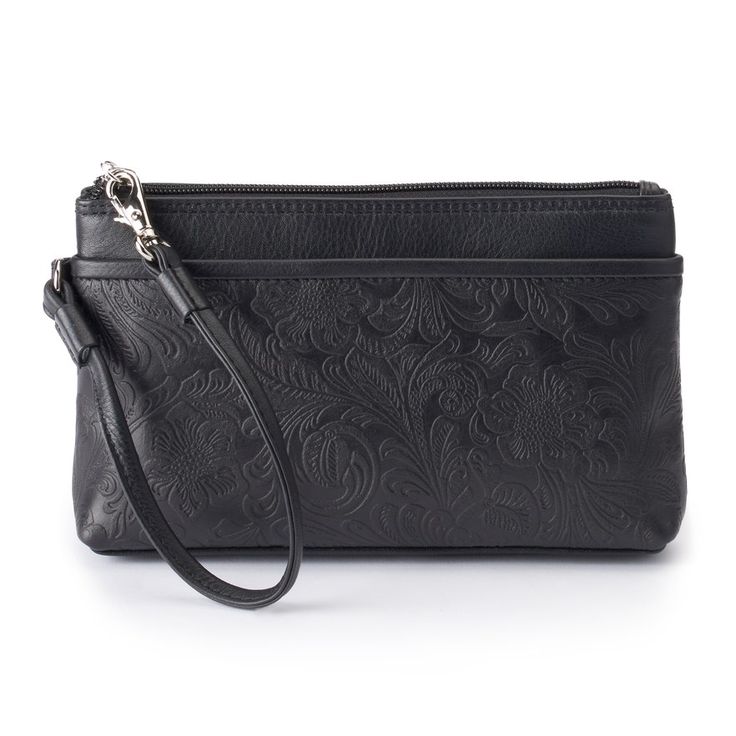 "Ornate embossed details lend timeless style to this genuine leather wristlet form ili. HANDBAG FEATURES: Silver tone hardware HANDBAG DETAILS: 5.5""H x 8.5""W x 1.25"" D Wrist strap: 6"" Zipper closure Exterior: zip pocket, magnetic snap pocket Interior: zip pocket, 3 card slots FABRIC & CARE Genuine leather Polyester lining Imported Size: One Size. Color: Black. Gender: female. Age Group: adult." Leather Clutch With Wrist Strap For Formal Events, Leather Clutch With Wrist Strap For Formal Occasions, Elegant Leather Clutch Wristlet, Formal Leather Clutch With Wrist Strap, Elegant Leather Clutch With Hand Tooled Details, Leather Wallet With Wrist Strap For Formal Use, Leather Wallet With Wrist Strap For Formal Occasions, Classic Leather Wristlet For Formal Occasions, Formal Leather Wallet With Wrist Strap