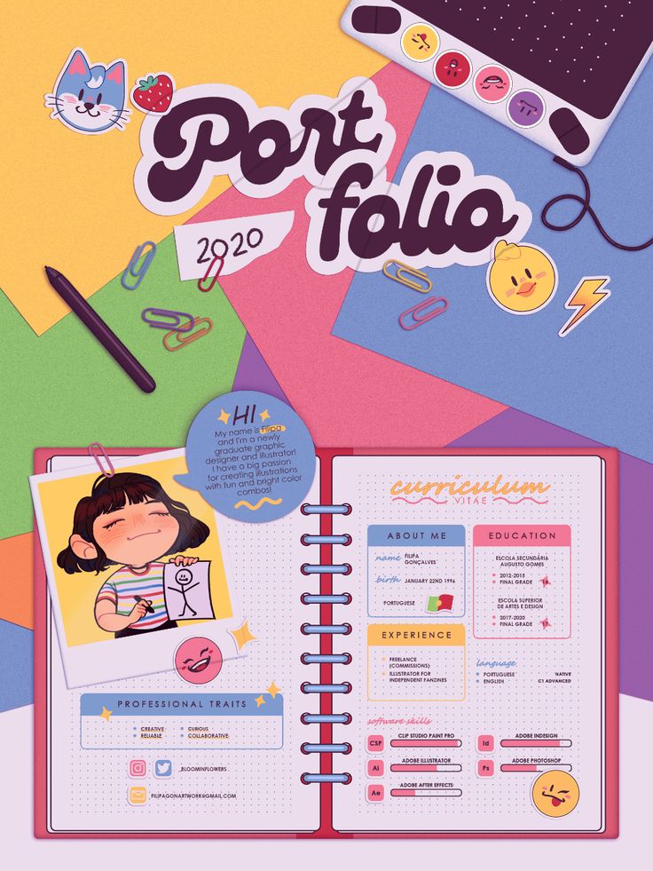 an open notebook with stickers on it and the words port flio written in spanish