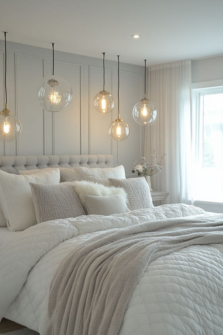 a bedroom with white bedding and hanging lights