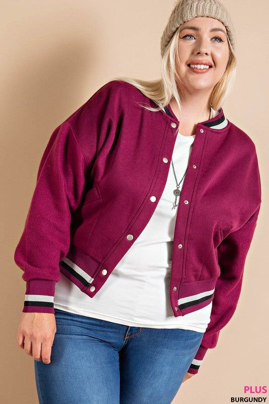 I just loved this jacket and knew we had to have it! Sizing: Small 4-6, Medium 8-10, Large 12-14, XL 14W-16, 1XL 18, 2XL 20 Oversized Varsity Jacket With Ribbed Cuffs And Long Sleeves, Oversized Long Sleeve Varsity Jacket With Ribbed Cuffs, Oversized Casual Varsity Jacket, Oversized Long Sleeve Track Jacket For College, Spring Outerwear With Ribbed Cuffs For College, Spring Hooded Varsity Jacket With Ribbed Cuffs, Fall Varsity Track Jacket With Long Sleeves, Varsity Long Sleeve Track Jacket For Fall, Fall Varsity Long Sleeve Track Jacket