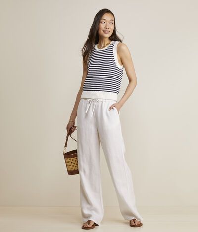 A true warm-weather staple, these wear-with-everything tie-waist linen pants are a must-add to your summer wardrobe. Chic Linen Bottoms For Loungewear, Chic Linen Loungewear Bottoms, Vacation Linen Pants With Tie Waist, Relaxed Fit Linen Wide Leg Pants With Tie Waist, Linen Pants With Tie Waist For Vacation, Casual Linen Pants With Tie Waist, Chic Linen Bottoms For Day Out, Linen Bottoms With Tie Waist, Linen Bottoms With Tie Waist For Day Out