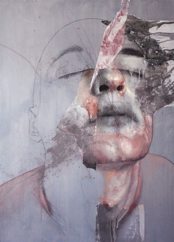 an abstract painting of a man's face with his nose partially covered in paint