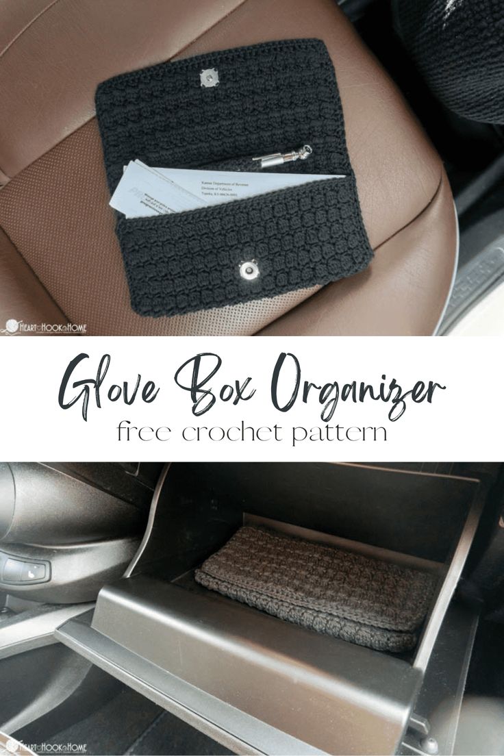 the inside of a car seat with an open box organizer in it and text overlay that reads, give box organizer free crochet pattern