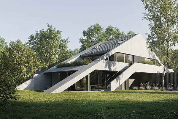 an unusual house in the middle of a field with grass and trees on both sides