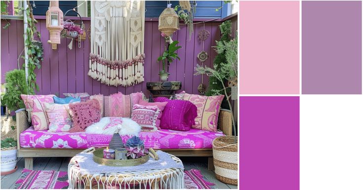 the color scheme is purple and pink, with lots of pillows on top of it