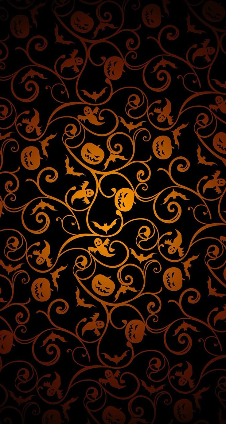 an orange and black background with swirly designs