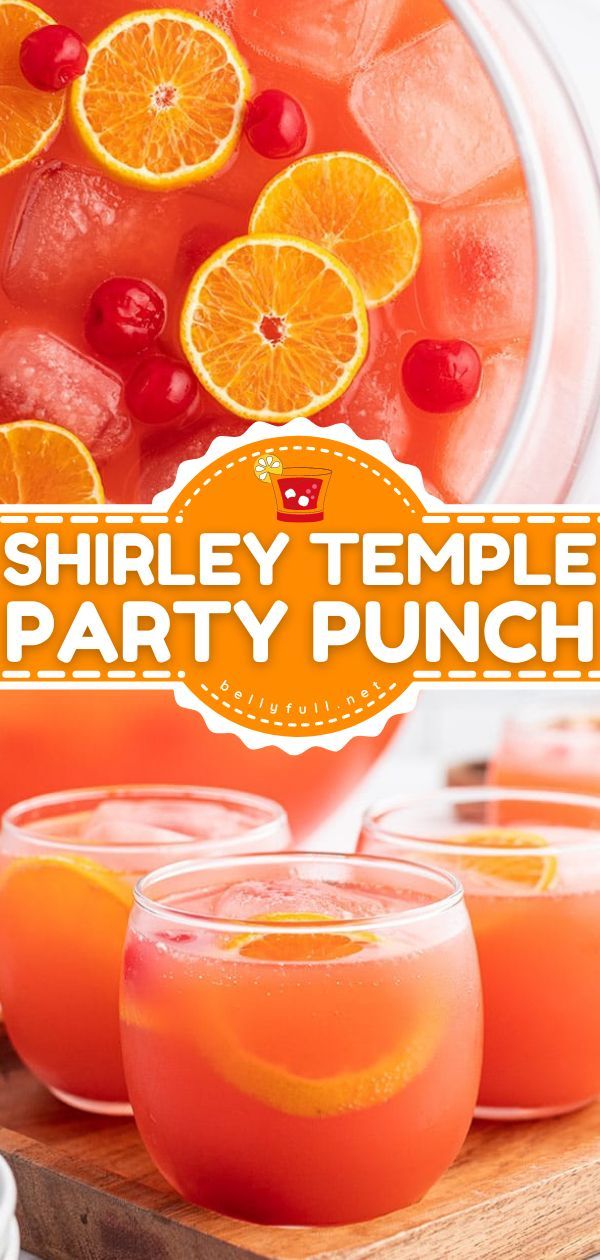 Shirley Temple Party Punch, summer drinks, non alcoholic drinks Birthday Party Juice, Beverages For Party, Party Drink Recipes Nonalcoholic, Big Batch Non Alcoholic Drinks For Parties, Juice Ideas Party, Simple Party Punch Non Alcoholic, Large Batch Non Alcoholic Drinks, Groovy Punch Drink, Orange Party Punch Non Alcoholic