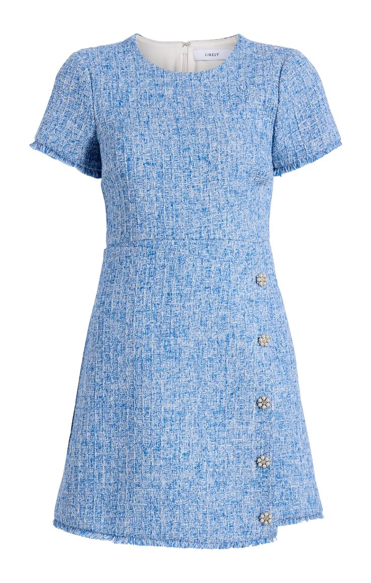 Elevate your wardrobe with the Raia Dress! This short sleeve mini dress embraces the playful side of elegance, crafted with Sawyer Tweed fabric in a stunning blue hue. The fit and flare silhouette flatters every figure, while the decorative button detail adds a touch of charm. Stand out in style and comfort with this must-have piece. Fit Details Scoop necklineLinedFit and flare silhouetteMini lengthShort sleeve100% PolyesterDry Clean Only ImportedLength: 34in/86.36cm, from shoulderMeasurements f 80s Dress Formal, Blue Dresses Casual, Tweed Dress Outfit, Formal Work Attire, Tweed Outfit, Fit And Flare Silhouette, Kate Middleton Style, Free Dresses, Aqua Dress