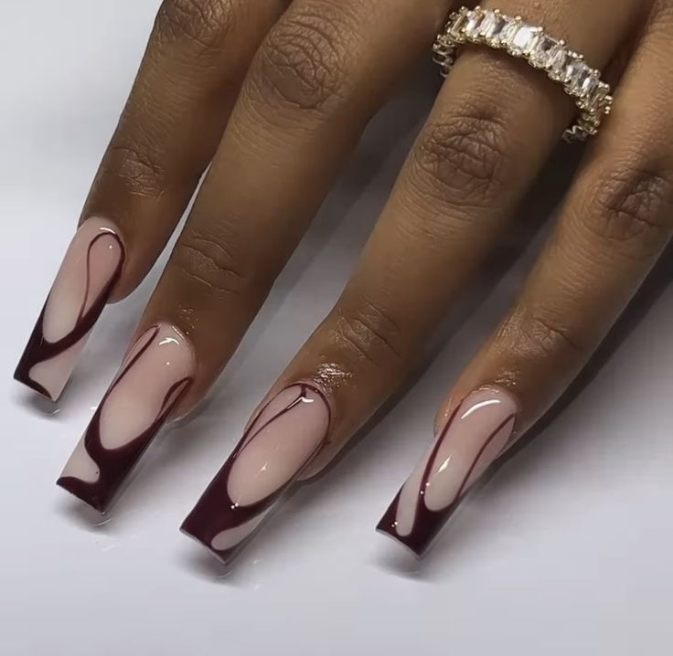 Gel Manicure Nail Art, Burgundy Nail Designs Square, Abstract Lines Nails, Winter Nail Inspo 2023, Wine Acrylic Nails, Cherry Brown Nails, Burgundy Nail Designs Classy, Megan Thee Stallion Nails, Black Abstract Nails