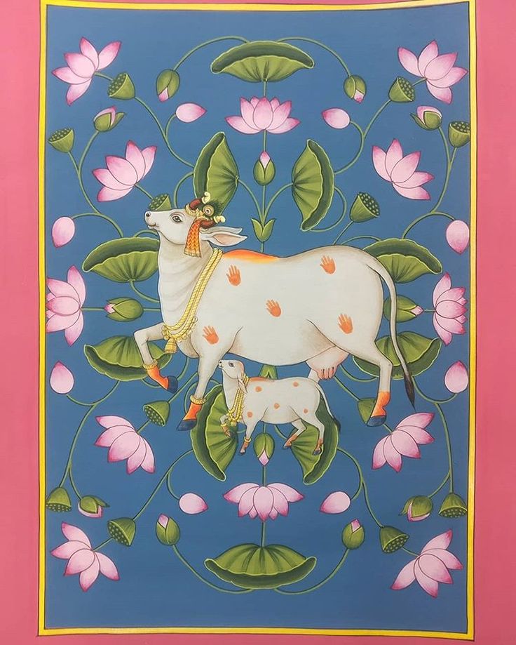 an image of a cow and her calf in the middle of flowers on a blue background