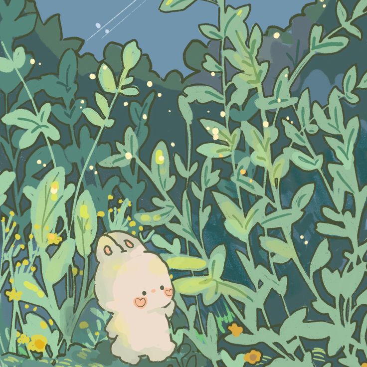 a white bear standing in the middle of a forest filled with green plants and flowers