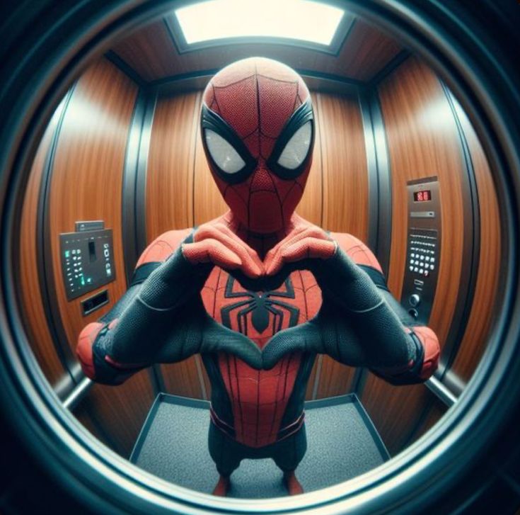 the spider - man is seen through a round hole in front of an elevator door