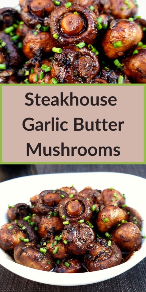 steakhouse garlic butter mushrooms in a white bowl with green garnish on top