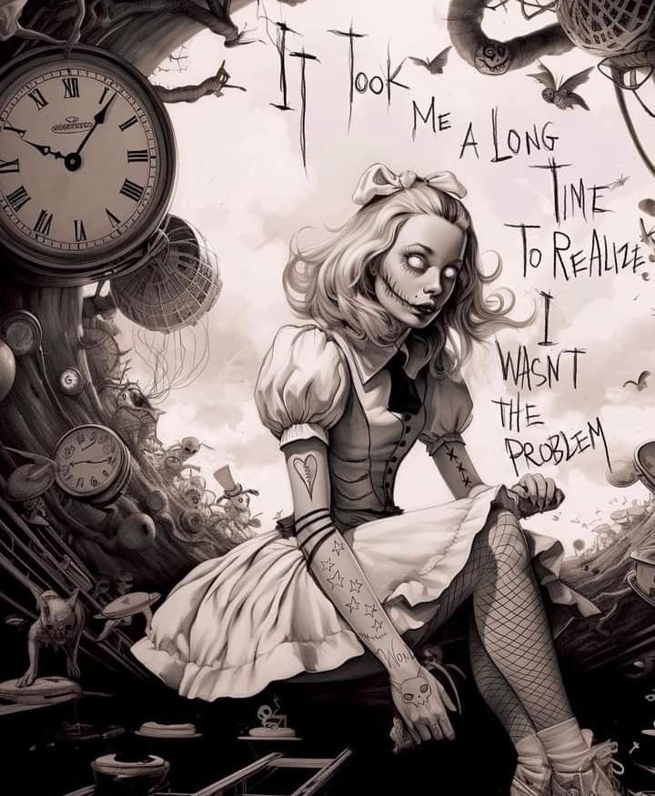 a drawing of a woman sitting in front of a clock with words written on it