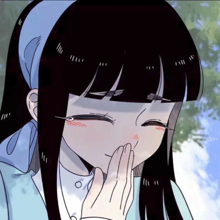 an anime character with long black hair and blue eyes holding her hand to her mouth