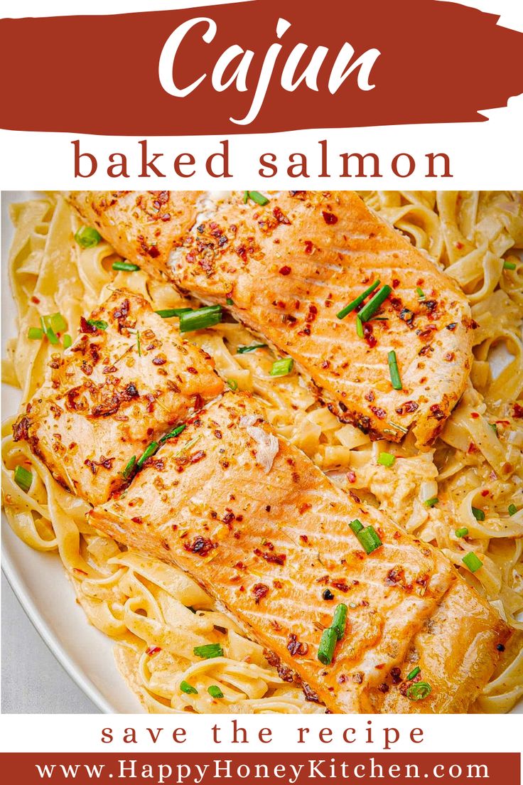 the recipe for cajun baked salmon is shown on a white plate with red lettering