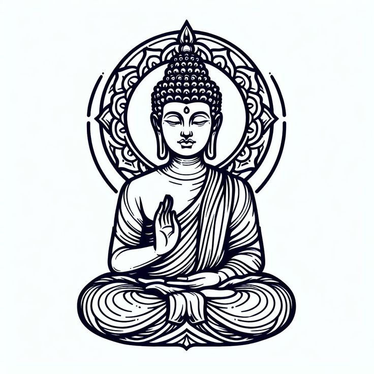 a buddha statue sitting in the middle of a circle with an intricate design on it