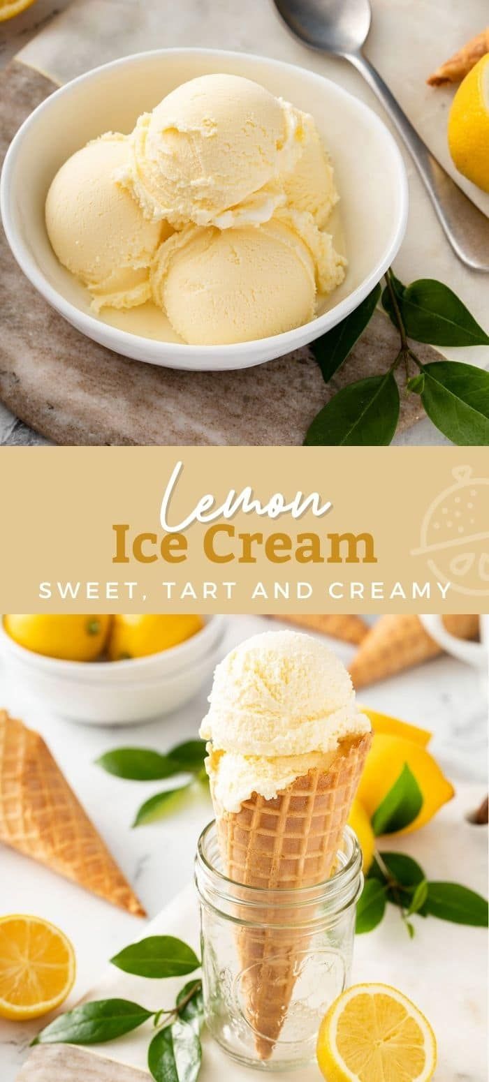 lemon ice cream in a bowl with two scoops on the side and an orange slice next to it