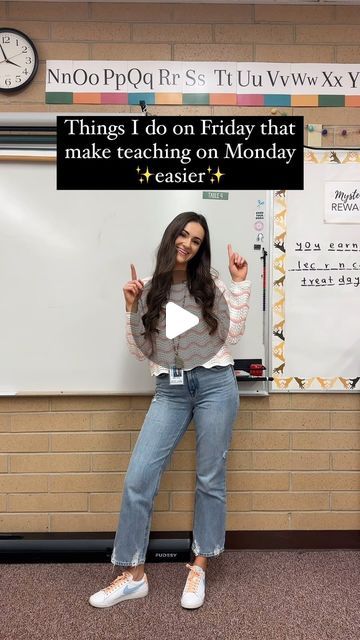 a woman standing in front of a whiteboard with the words things i do on friday that make teaching on monday easier