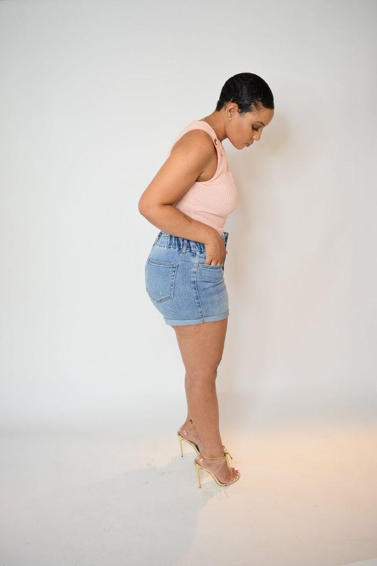 Stretch Denim Paired with the Just Peachy bodysuit Model wearing size medium Fitted Jean Shorts With Built-in Shorts For Day Out, Stretch Crop Top With Built-in Shorts, Denim Crop Top For Summer, Summer Stretch Crop Top Short Length, Casual Crop Top With Built-in Shorts, Trendy Short Crop Top, Trendy Stretch Crop Top, Trendy Short Stretch Crop Top, Trendy Stretch Crop Top Short Length