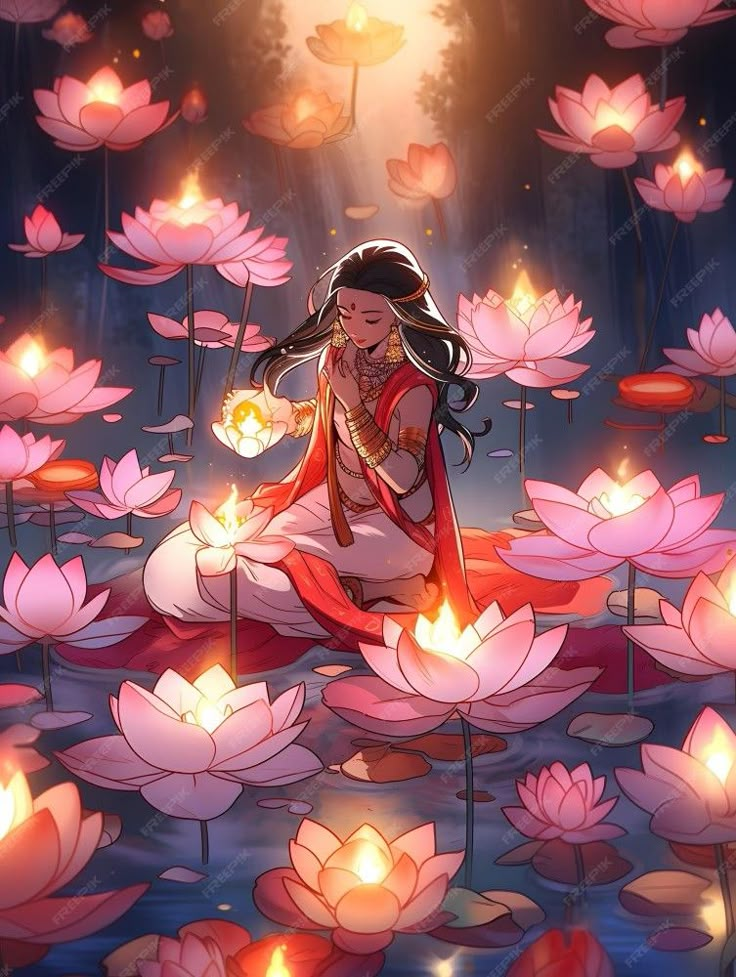 a woman sitting on top of a lily covered pond surrounded by water lilies and candles