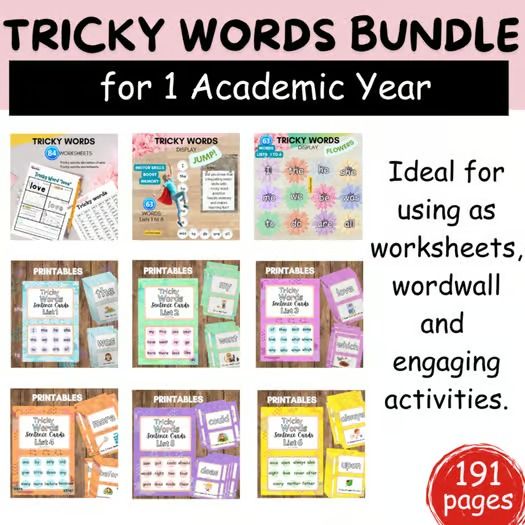 Tricky Words Bundle for 1 Academic Year by Glowing Pedagogy | TPT Activities For Grade 1, High Frequency Words Activities, Sentence Building Activities, Words Activities, Building Vocabulary, Writing Development, Tricky Words, Phonics Lessons, Sight Word Practice