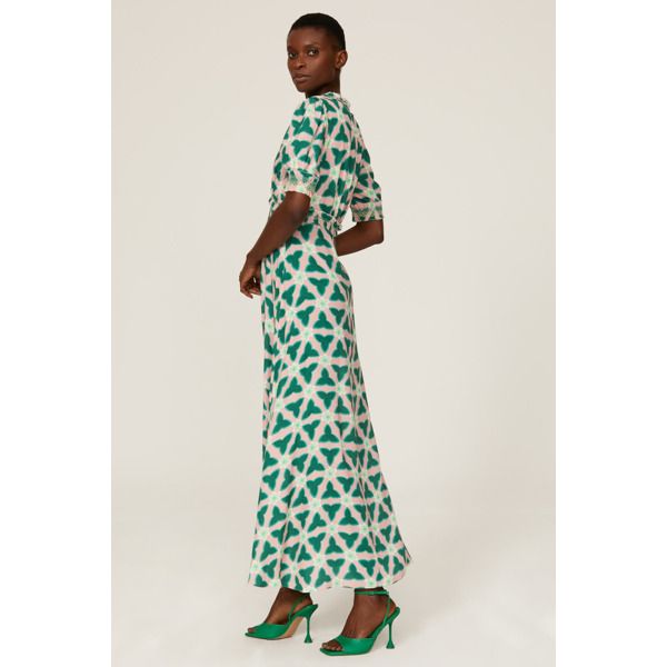 Green printed viscose (100% Viscose). Lining (100% Polyester). Hourglass. V-neck. Short sleeve. Back zipper closure. 56" from shoulder to hemline. Imported. Printed V-neck Rayon Maxi Dress, Printed Rayon V-neck Dress, Printed V-neck Rayon Dress, Printed Rayon V-neck Maxi Dress, Printed Rayon Maxi Dress With V-neck, Green Viscose V-neck Maxi Dress, Green V-neck Viscose Maxi Dress, Green Rayon V-neck Dress, Patterned Viscose Dresses For Summer