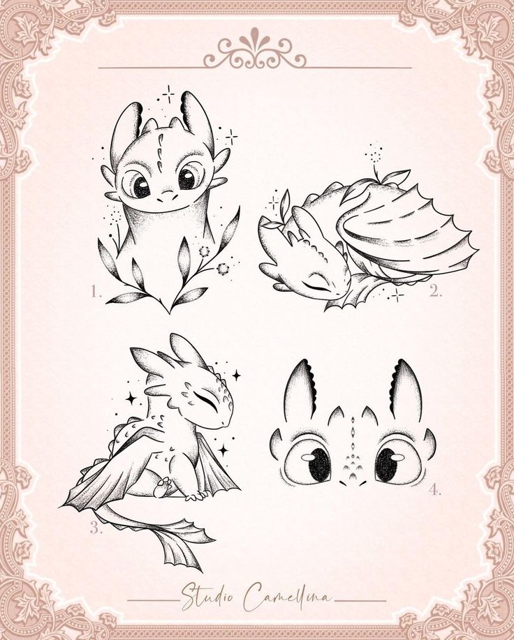 four different types of cartoon animals with big eyes and large ears, all drawn in black ink