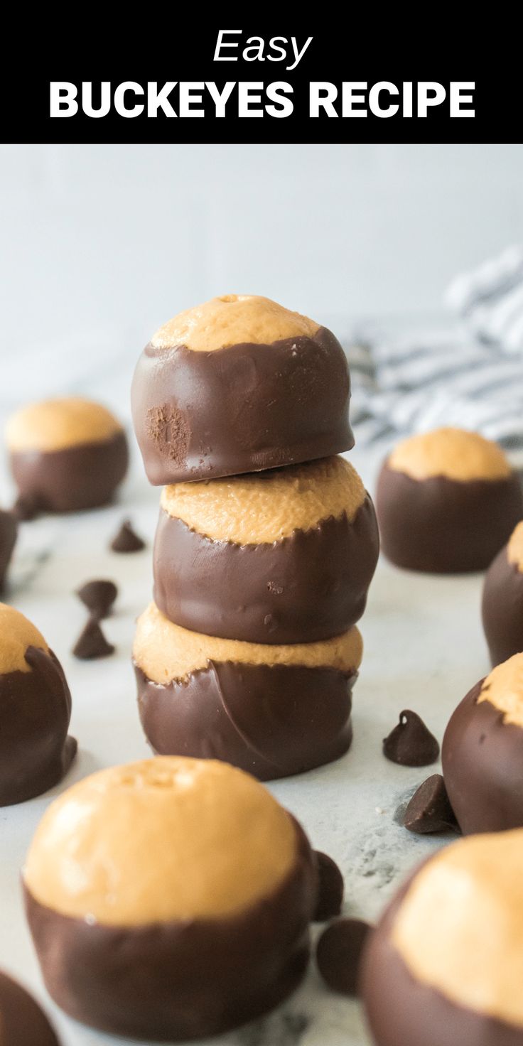 buckeyes stacked on top of one another Buckeye Cupcake Recipe, Peanut Butter Buckeye Balls, How To Make Buckeyes Recipes, Pioneer Woman Buckeyes, Buckeyes Recipe Easy, Easy Buckeyes Recipe, Homemade Buckeyes, Best Buckeyes Recipe, Easy Buckeyes