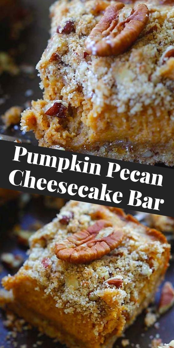 pumpkin pecan cheesecake bar is cut in half and stacked on top of each other