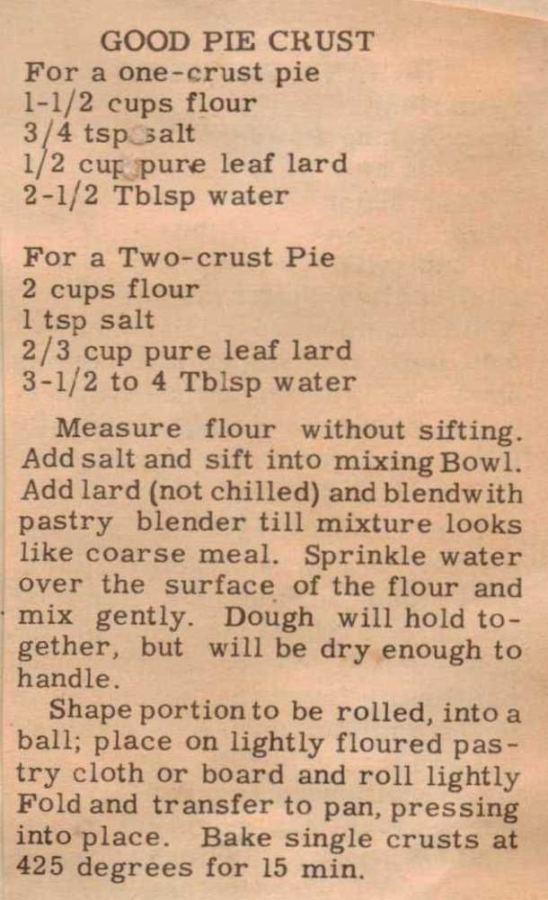 an old recipe sheet with instructions for pie crust