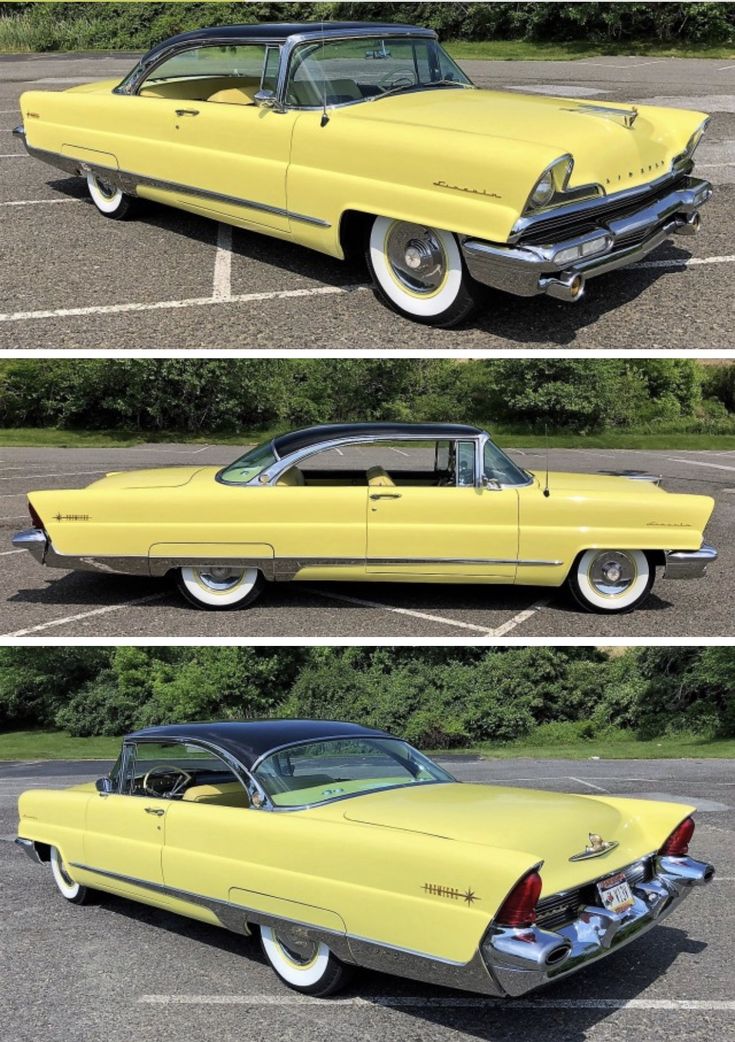 three pictures of an old yellow car parked in a parking lot