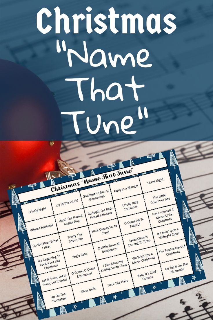 a christmas name that tune sheet with an ornament on it and music sheets in the background