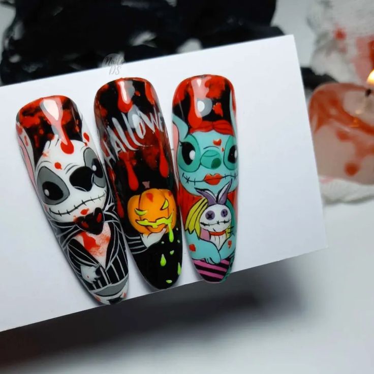 Stitch Halloween Nails Design, Stitch Nails Halloween, Halloween Stiches Nails, Lilo And Stitch Halloween Nails, Halloween Stitch Nails, Stitch Halloween Nails, Challenge Nails, Nail Halloween, Fun Halloween Nails