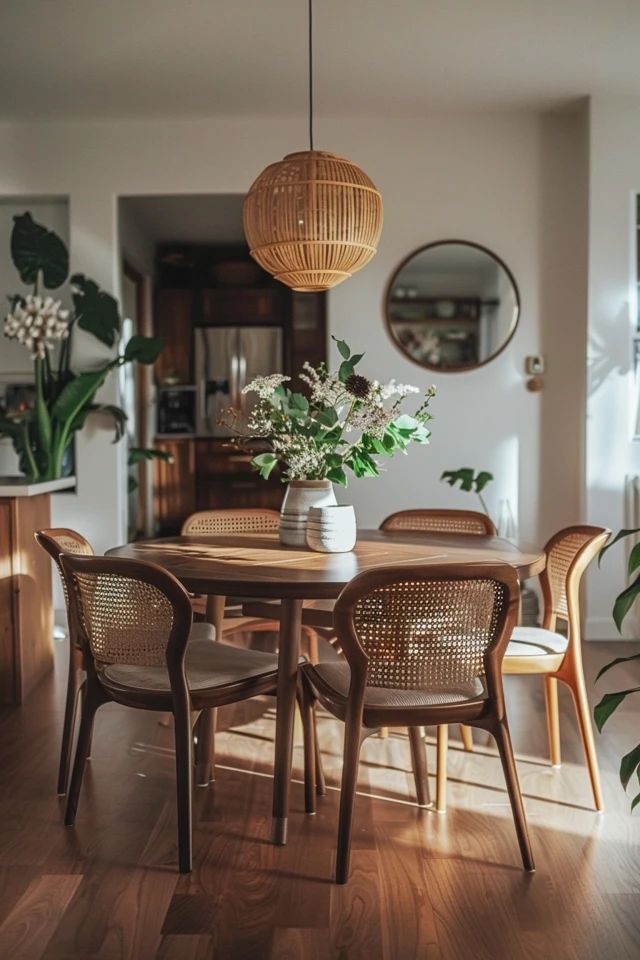 a dining room table with chairs and a vase on it