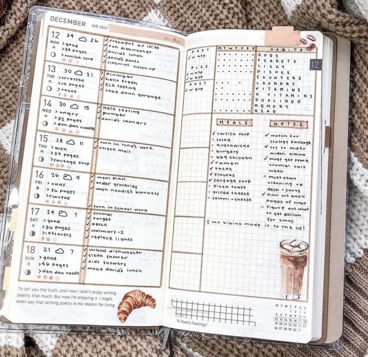 an open planner book with coffee and food items on the pages, sitting on top of a blanket