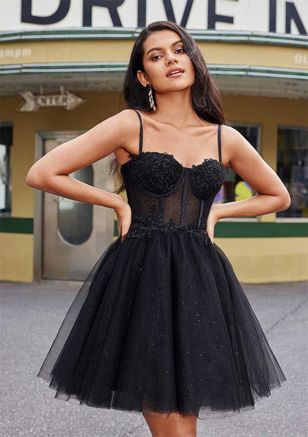 A-line Sweetheart Sleeveless Short/Mini Tulle Homecoming Dress with Appliqued Glitter - Homecoming Dresses - Stacees Glitter Homecoming Dress, Mini Homecoming Dress, Mermaid Ball Gown, Black Homecoming Dress, Mini Homecoming Dresses, Tulle Homecoming Dress, Evening Dresses Cocktail, Sweet 16 Dresses, Homecoming Dresses Short