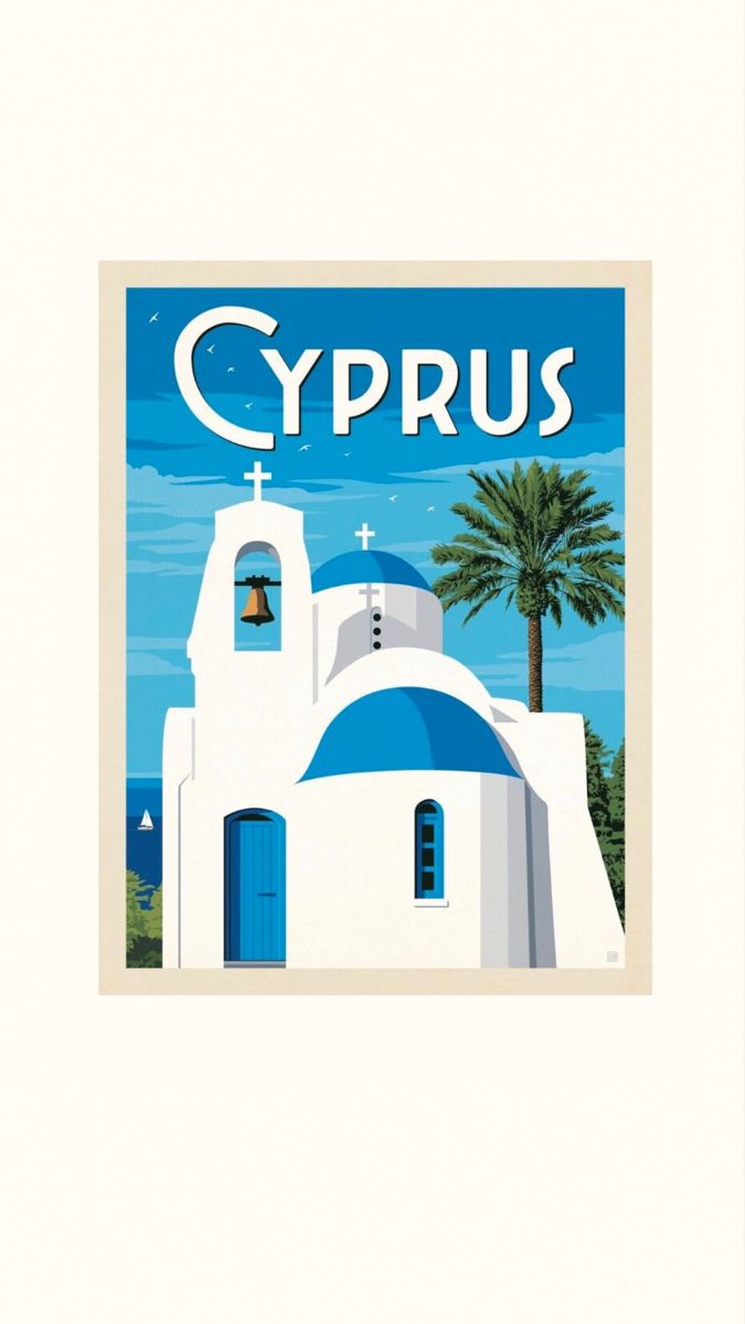 a white and blue church with palm trees in front of the building that says cyprus