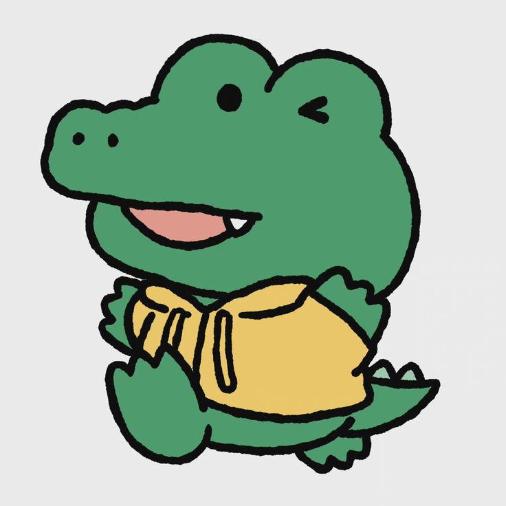 a drawing of a green alligator with a yellow shirt on it's chest and smiling