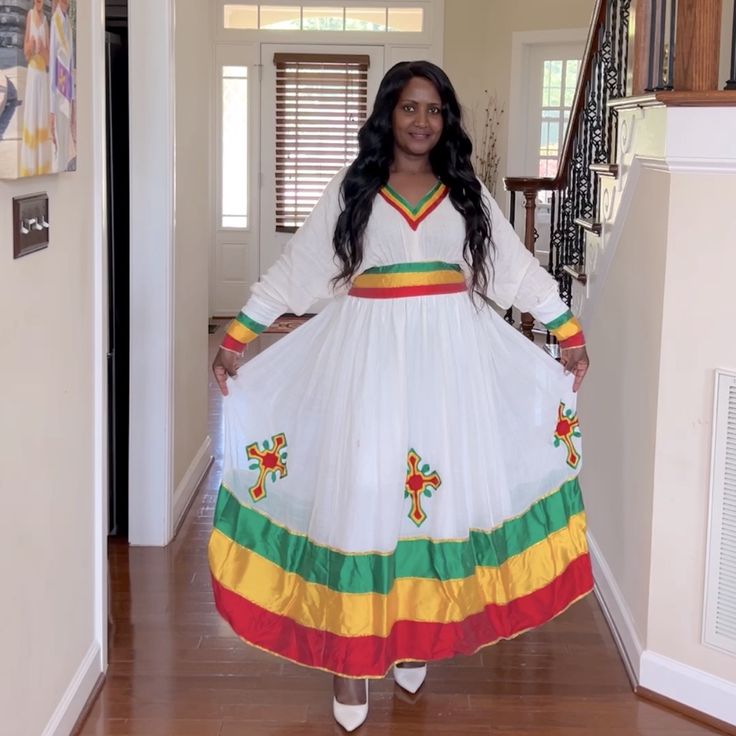 Ethiopian Flag Translator Woman’s Dress. Handmade One Size. Ethiopian Flag, Ethiopian Traditional Dress, Ethiopian Dress, Dress Handmade, Traditional Dress, African Clothing, Traditional Dresses, Green Yellow, Long Sleeve Dress