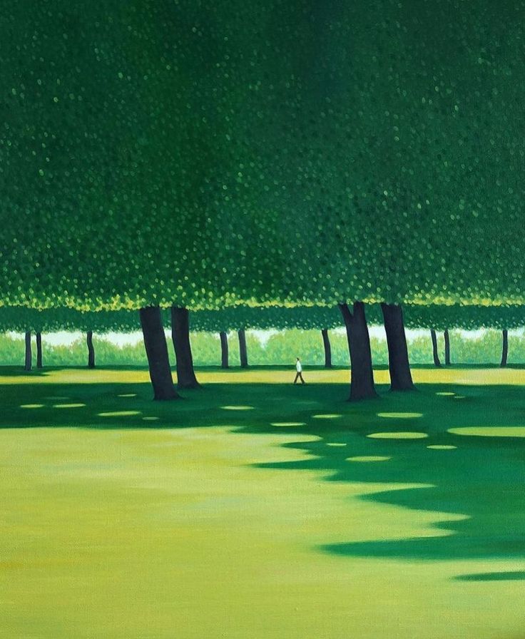 a painting of people walking in the grass near some trees and green grass with shadows on them