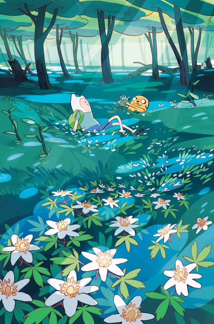 an animated scene with flowers in the foreground and other plants on the ground behind it