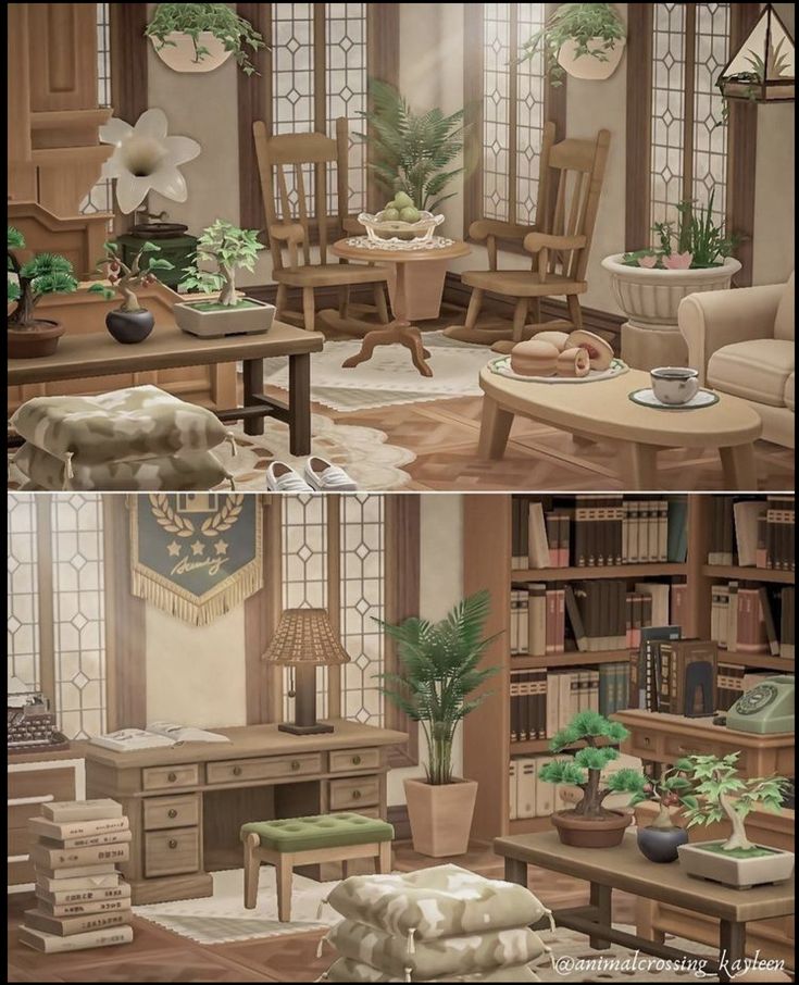 two pictures of a living room with furniture and plants