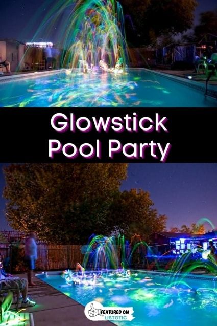 glowstick pool party with colorful lights and water features